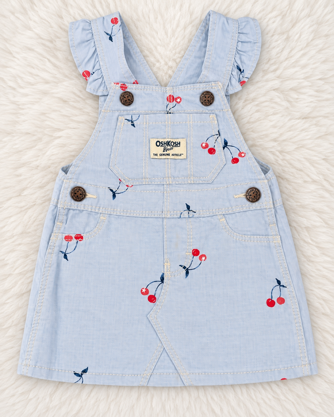 OshKosh B'gosh light blue cherry print jumper dress size 6 months front