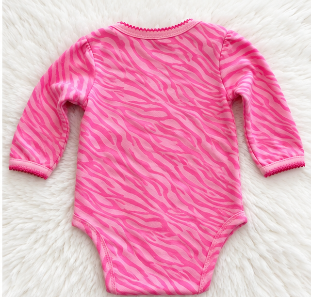 Back of New England Patriots pink zebra baby bodysuit, size 6-12 months