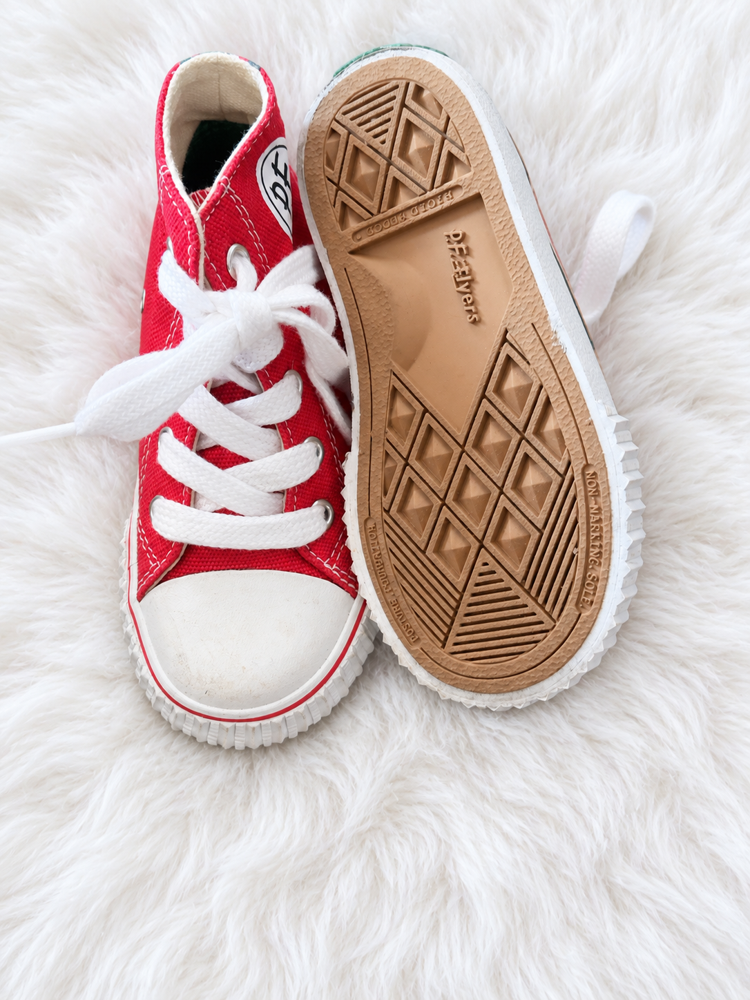Outsole view of red P.F. Flyers toddler high tops