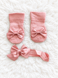 Pink baby girl bow socks and matching headband set