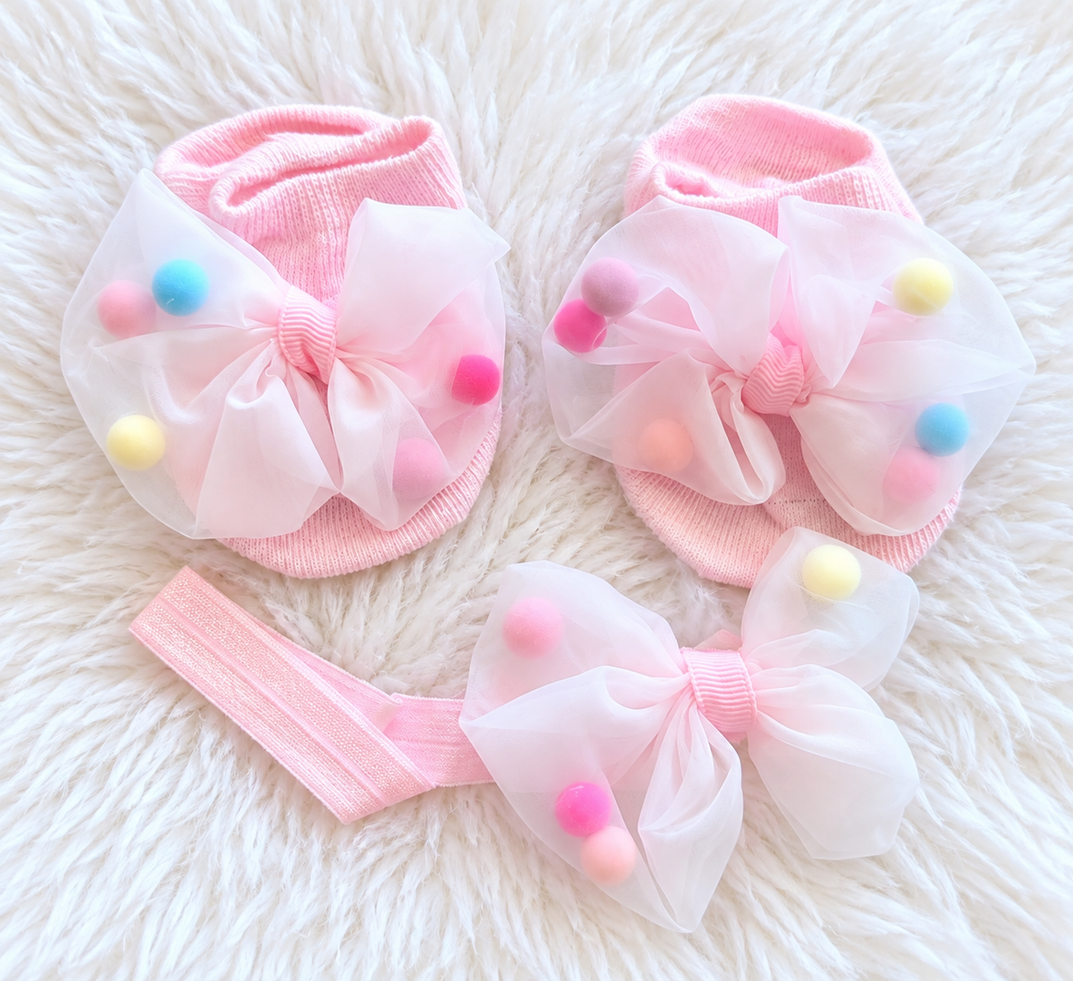 Pink baby girl pom-pom bow socks and matching headband set