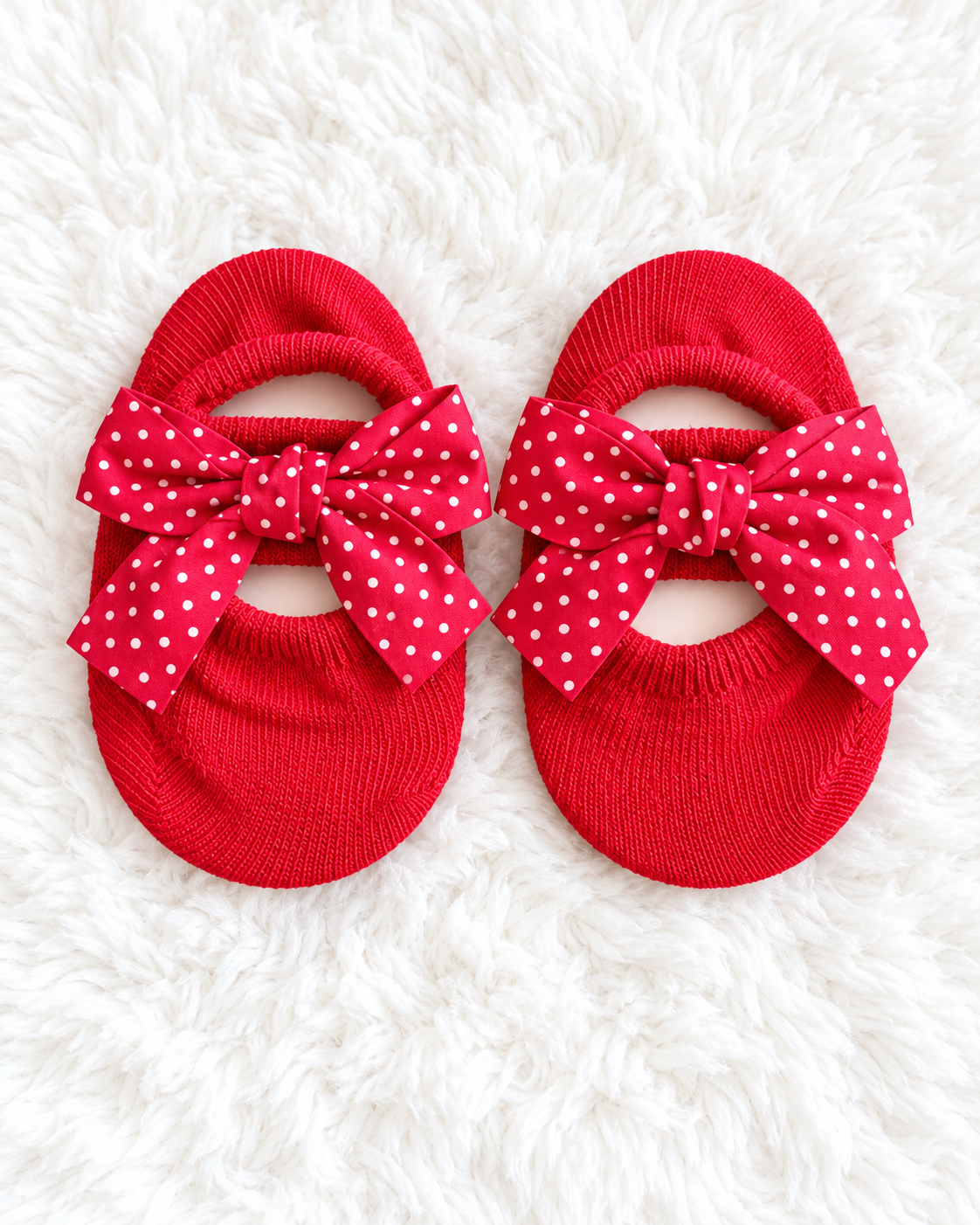 Red baby sock shoes with white polka dot bows on white rug background