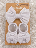 So Adorable silver and white baby headwrap and booties set, size 0-12 months