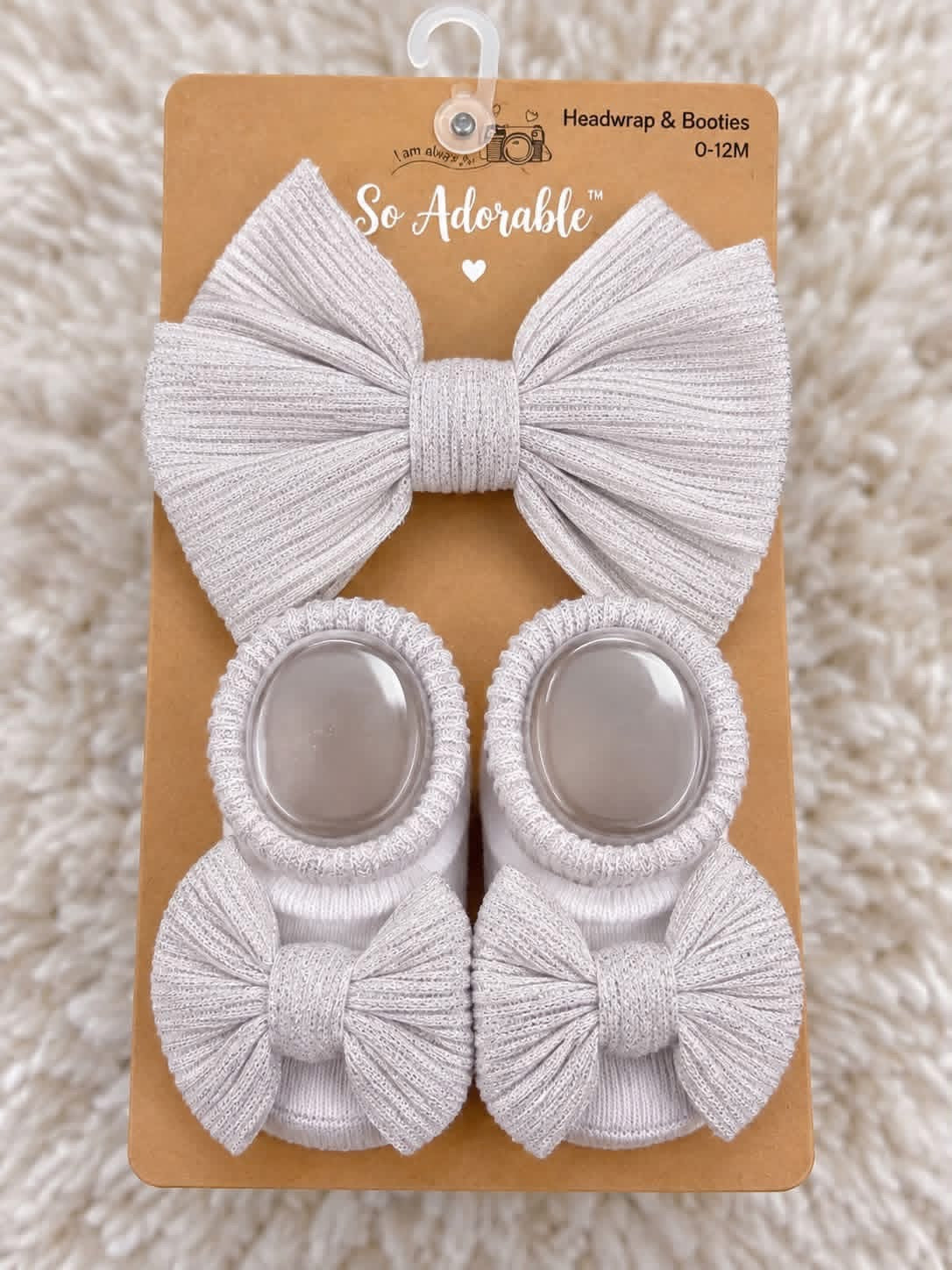 So Adorable silver and white baby headwrap and booties set, size 0-12 months