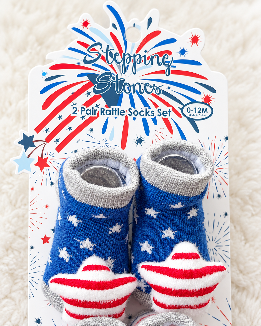Close-up of blue star rattle socks