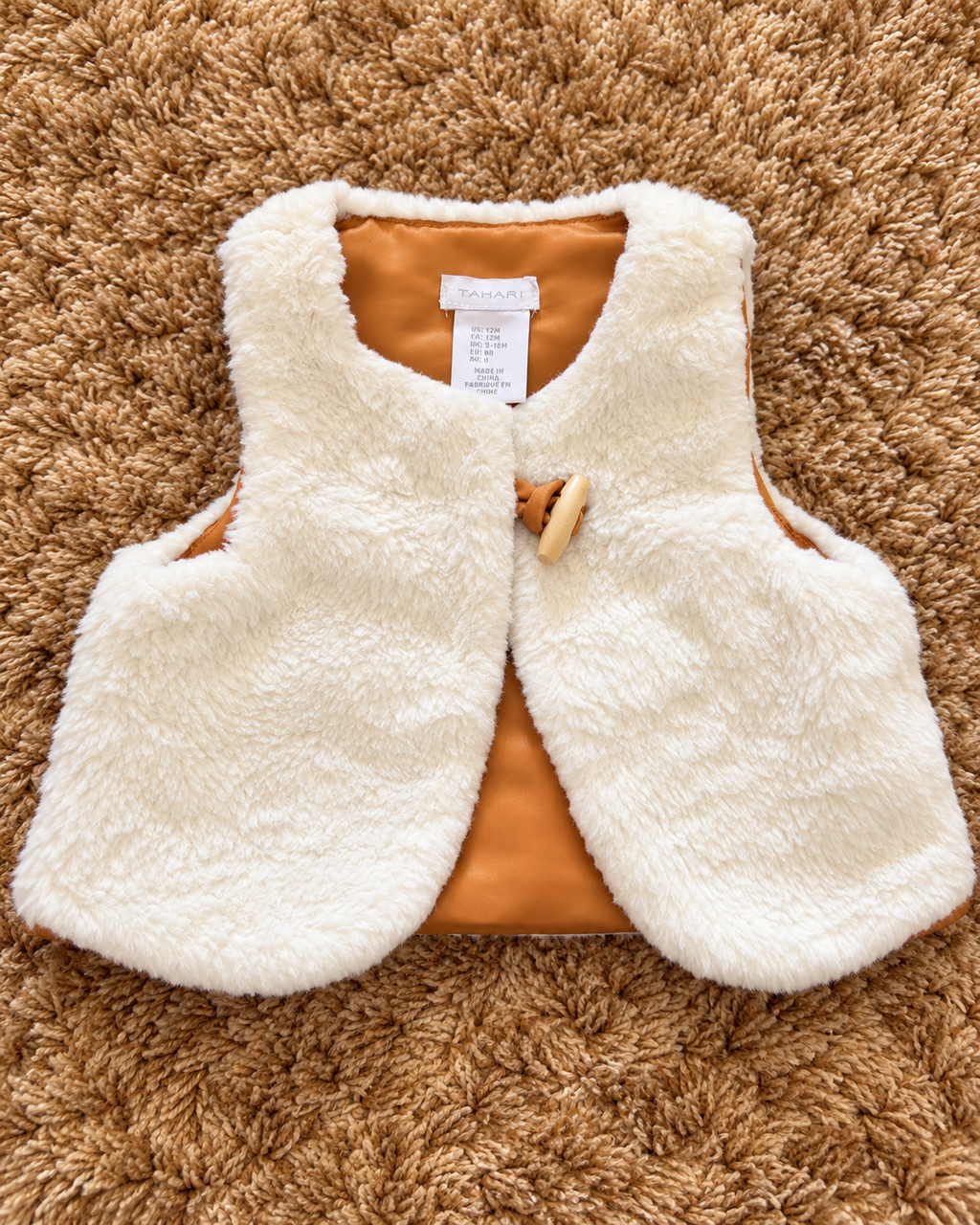 Tahari cream faux fur baby vest size 12 months front view