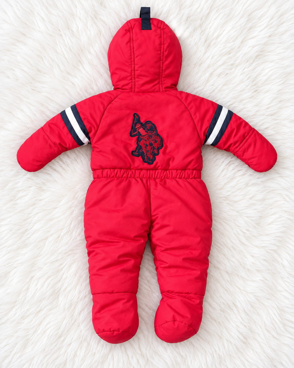 U.S. Polo Assn. red baby snowsuit back view, size 3-6 months