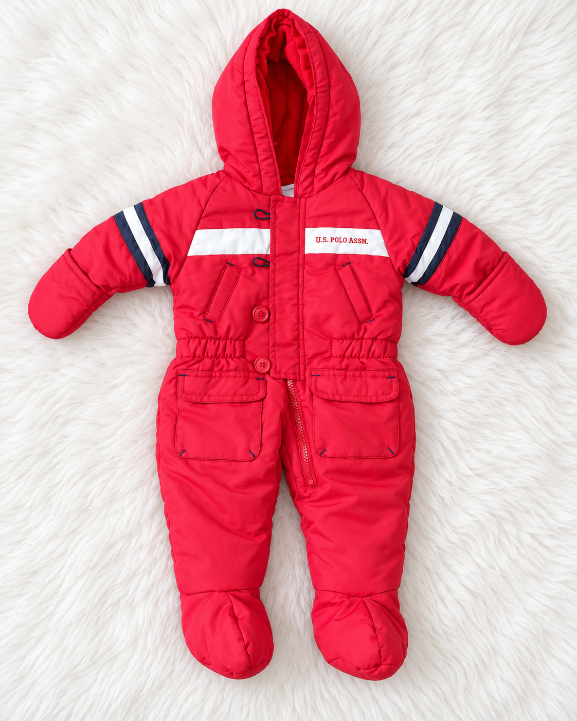 U.S. Polo Assn. red baby snowsuit front view, size 3-6 months