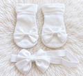 White baby girl bow socks and matching headband set