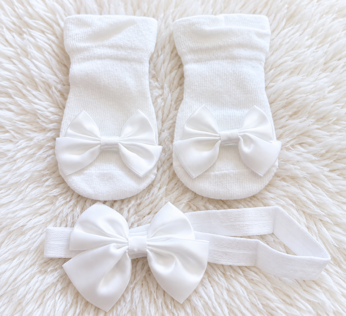 White baby girl bow socks and matching headband set