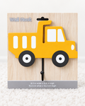 Yellow construction truck wall hook on white rug